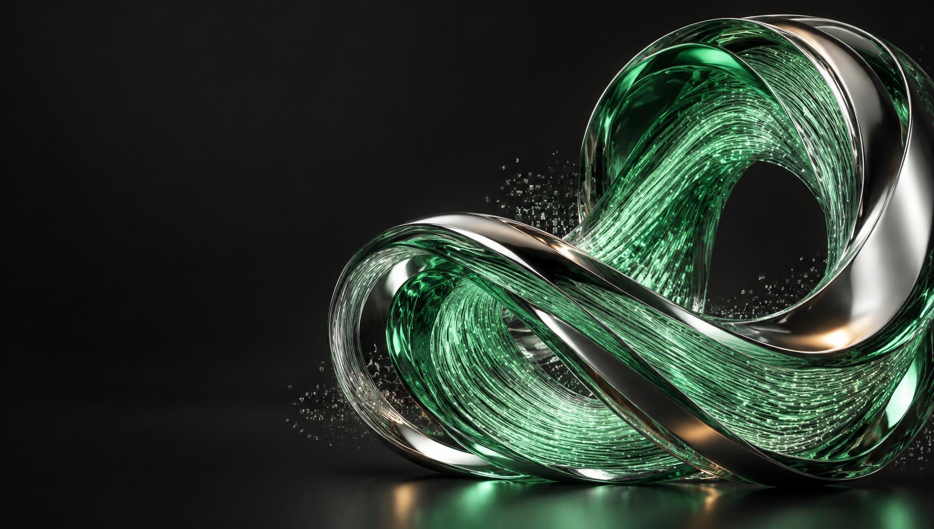 Sculptural chrome and emerald data streams